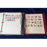 Stamps, two folders containing a collection of stamps mounted on exercise book pages, various
