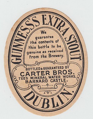 Beer Label, Guinness's Extra Stout, bottled by Carter Bros, Tees Mineral Water Works, Barnard