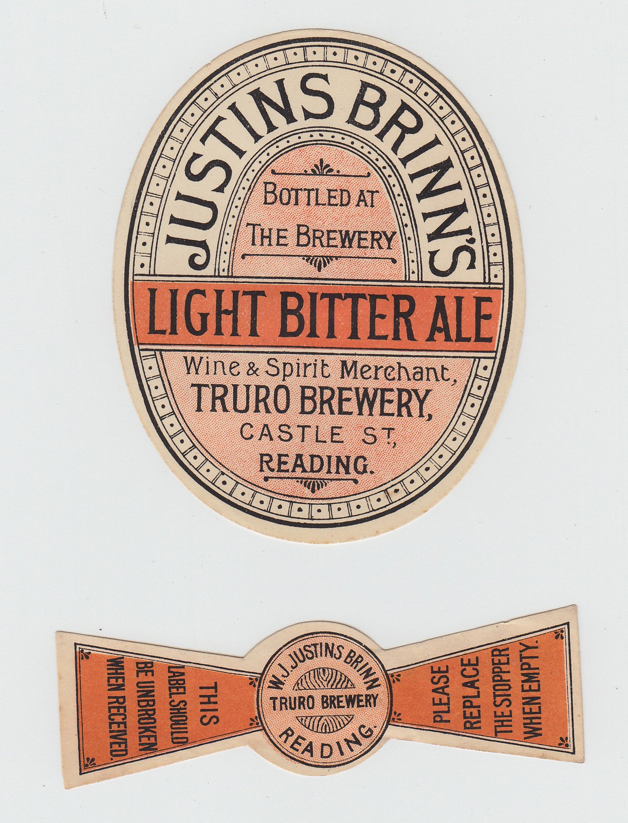 Beer Label, Justins Brinn's, Reading, Light Bitter Ale, v.o & stopper (vg) (2)