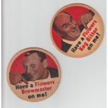 Beer Mats, Flowers Keg Bitter & Brewmaster, 2 circular mats showing 1950's Radio Personalities,