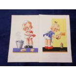 Postcard Artwork, Vera Paterson, two original coloured pieces of postcard artwork, inscribed in