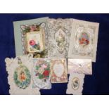 Greetings, a collection of nine, mostly Victorian Valentine's cards inc filigree, pull-out's, 3D etc