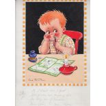 Postcard Artwork, Vera Paterson, three original coloured pieces of postcard artwork, inscribed in