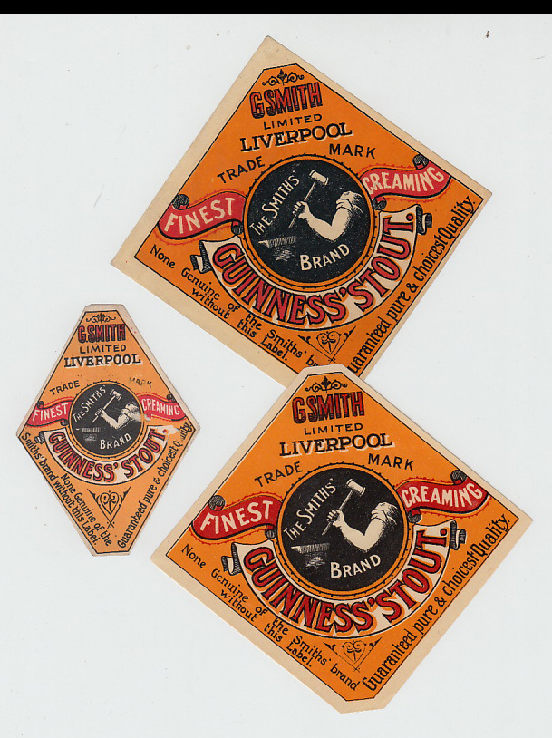 Beer Labels, G Smith Limited, Liverpool, Guinness, three labels, 2 square, one has cut corners