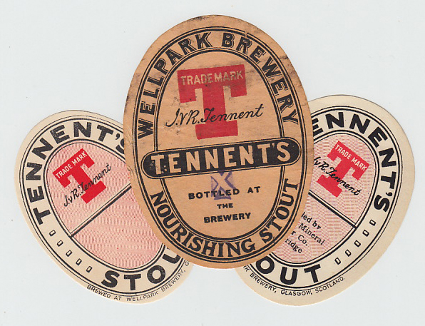 Beer Labels, Tennent's, Wellpark Brewery, Glasgow, three scarce stout labels, one bottled by Crystal