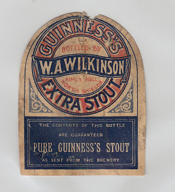 Beer Label, Guinness's Extra Stout, bottled by W A Wilkinson, North Shields, beehive shape, (