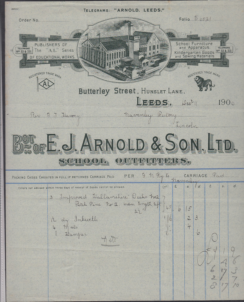 Ephemera, two illustrated letter heads for E J Arnold & Son Ltd, School Outfitters Leeds, each