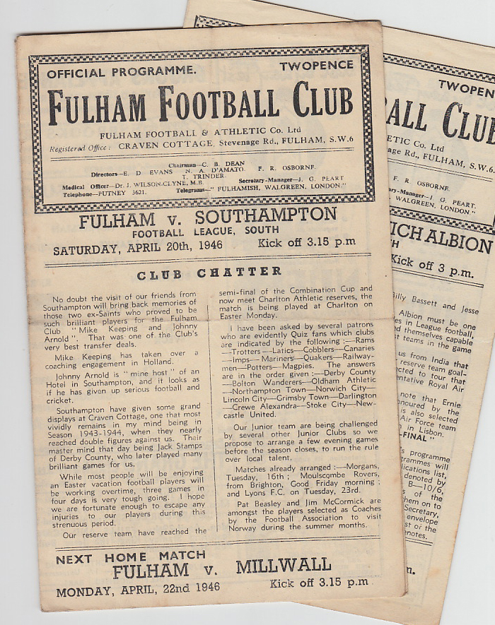 Football programmes, Fulham homes, 1945/46, 4 programmes v  West Ham (cr), WBA, Brentford &