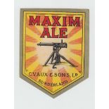 Beer Label, C Vaux & Sons Ltd, Sunderland, Maxim Ale, large shield shaped label, 103mm height, (