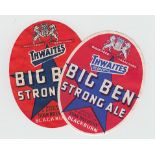 Beer Labels, Thwaites, Star Brewery, Blackburn, Big Ben Strong Ale, two different, v.o's (gen gd)