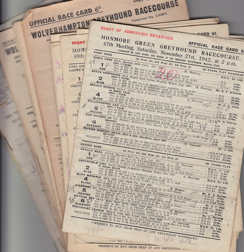Greyhound Racing, Monmore Green, Wolverhampton, a collection of 29 racecards, 1942-46 (7), 47 (6),