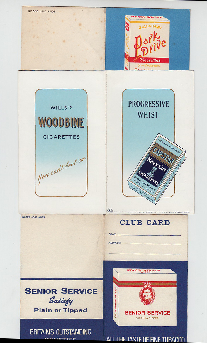 Tobacco issues, three Whist scorecards, Gallaher Park Drive (some foxing), Will's Capstan Navy