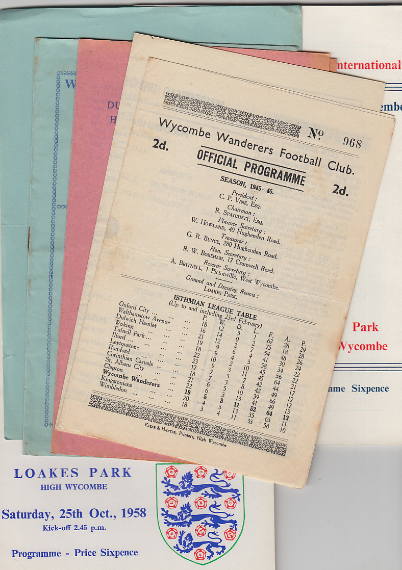 Football programmes, Wycombe Wanderers selection, homes v Maidenhead 1945/6 & Marlow Res 49/50 &