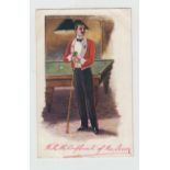 Postcard, Harry Payne, Billiards, military gentleman chalking his cue next to billiards table,
