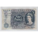 Banknotes, three Bank of England £5 notes, Gill prefix RJ34, Somerset prefix LT20 & Hollom prefix