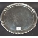 Art Deco silver salver by Mappin and Webb, with angled multiple border, engraved dedication,