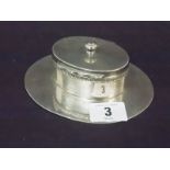 Victorian silver ink stand of oval form, the hinged lid enclosing a glass well, with a gadrooned rim