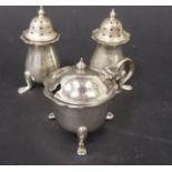 Silver three piece condiment set, comprising mustard and two pepper pots, Chester 1915, 4oz approx.