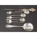 Victorian silver button hook, silver jam spoon and a set of six plated coffee bean spoons.