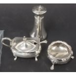 Victorian silver circular salt, lidded mustard pot and spoon and a pepper shaker, 5.5oz approx.