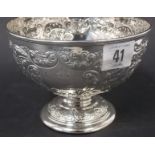 Victorian silver pedestal bowl, foliate scroll embossed, two engraved dedications, maker J D and S