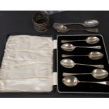 Two George III silver teaspoons, cased set of 6 demi-tasse tea spoons, Birmingham 1929, and an