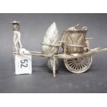 Chinese export silver three piece cruet, modelled as a man pulling a cart, makers mark CF and