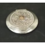 Indian white metal compact, with filigree hinged lid.