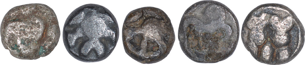 Lot of Five Silver Punch Mashakas of Magadha and Maurya Empire. "Punch marked Coins, Magadha-