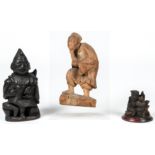 3 Japanese Edo Period Items: Two Japanese wood carving figure of Ebisu together with a mounted