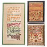 3 Antique 19th C Folk Art Samplers. Framed. Largest Size: 36.25" x 19.75", 92 x 50 cm (frame).