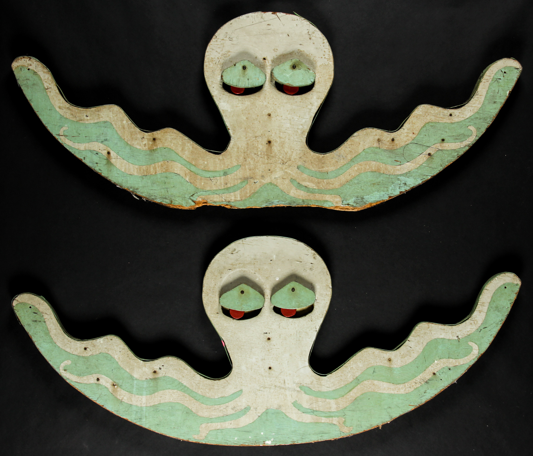 Pair Octopus Midway Ride Fascia Boards, Early/Mid 20th C. With kinetic pendulous eyelids. Original