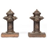 Pair Sentinel Cast Iron Hydrant Form Doorstops. Original paint decoration. Each Size: 39" x 46" x