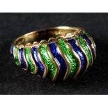 Tiffany 18 KYG Enamel Dome Ring. Undulant design of alternating green and blue enamel.  Marked