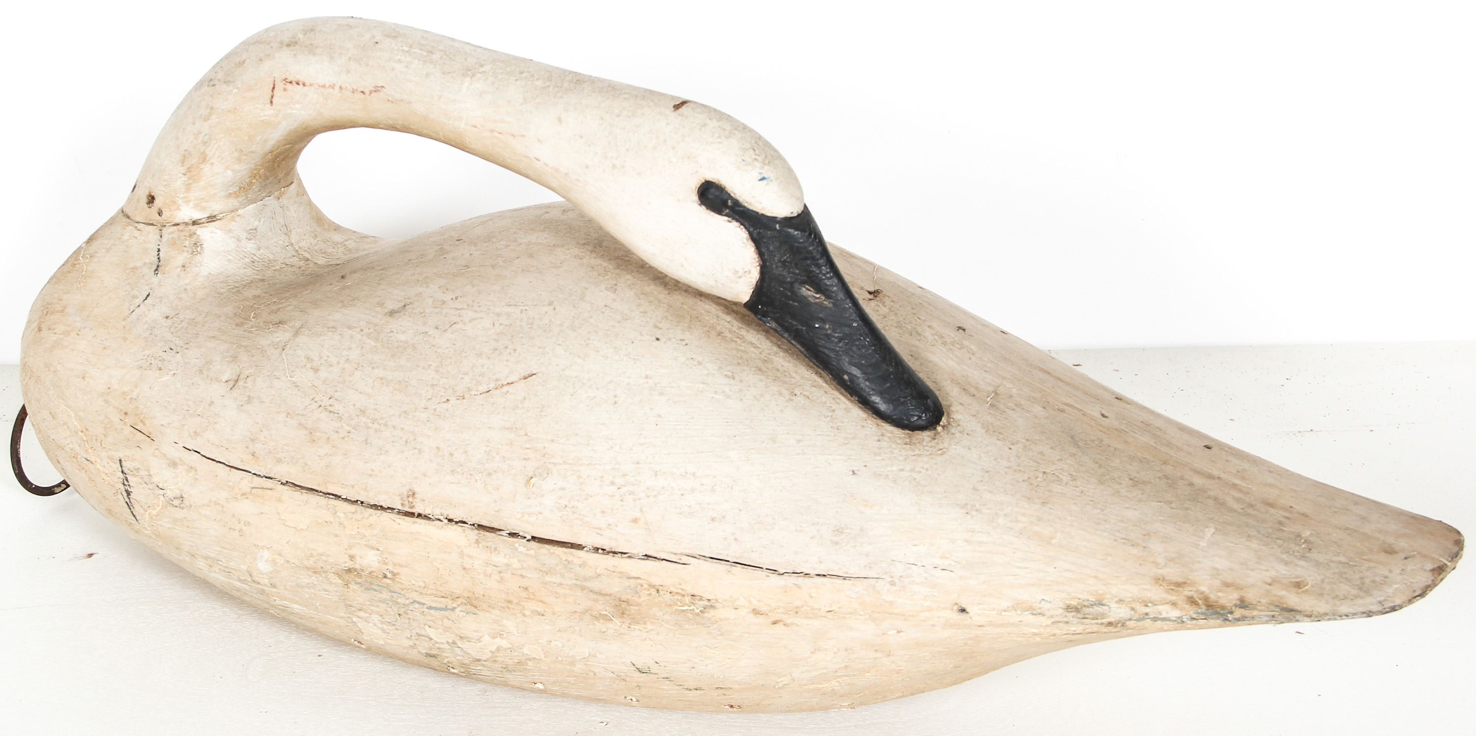 Early 20th C Preening Tundra Swan Confidence Decoy. Carved and painted timber. Size: 15" x 33" x - Image 3 of 5