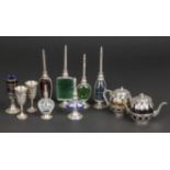 11 pcs Damascus Overlay Vessels. 6 perfume bottles, 2 teapots and 2 jugs. Size: 10.75" x 3.25" x 2.