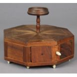 Antique Parquetry Sewing Box. Octagonal box with single scissors draw with raised pin cushion