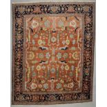 Heriz Rug: 9'10" x 12'2" (300 x 371 cm), 20th c., rust field, navy border. Provenance: Kristina