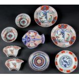 9 Antique Japanese Imari Porcelain Items. Consisting of a pair of Meiji period trapezoidal trays
