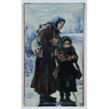 Russian School (20th c.) Refugees in a Snow Covered Landscape, oil on canvas. Size: 28.5" x 17",