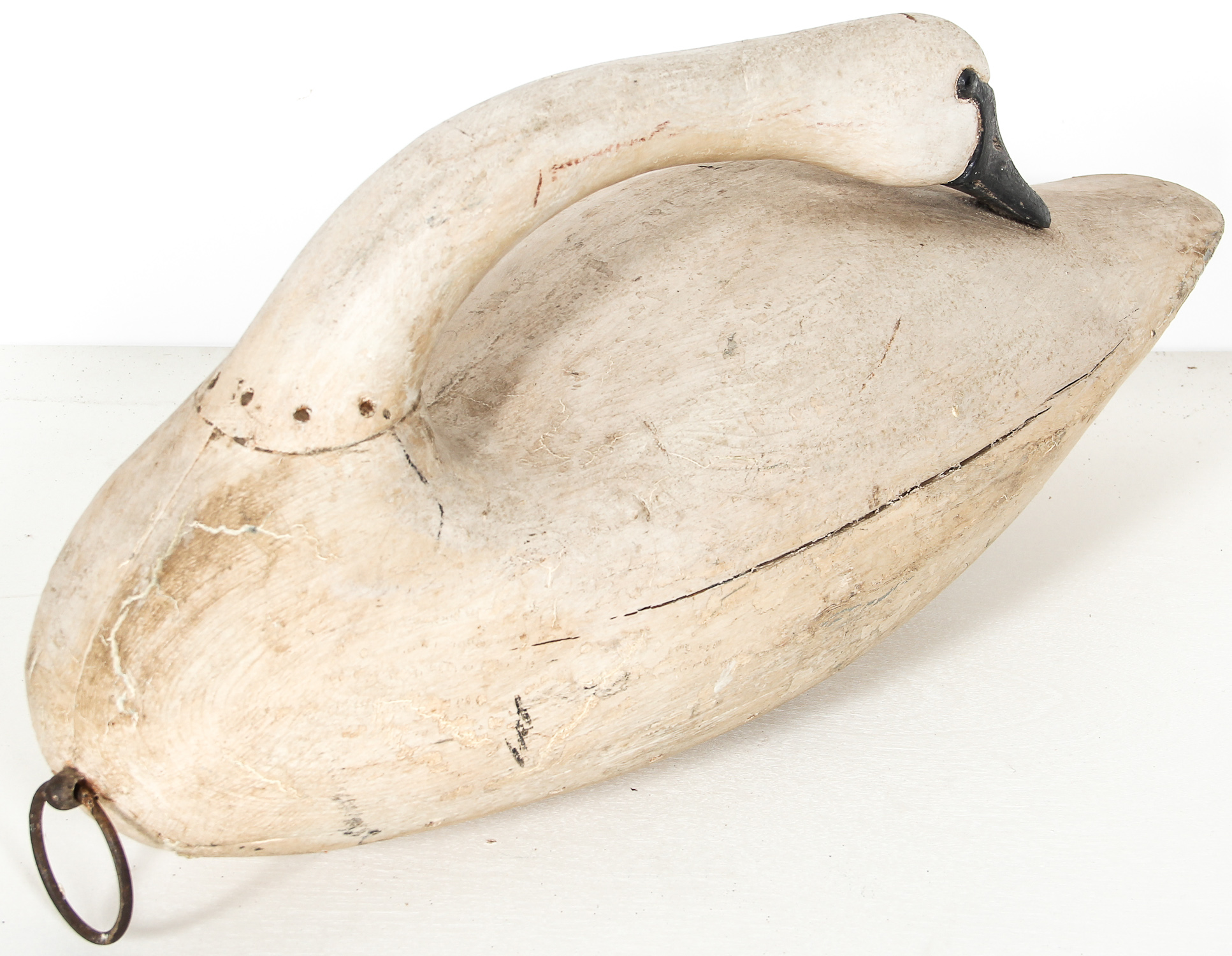 Early 20th C Preening Tundra Swan Confidence Decoy. Carved and painted timber. Size: 15" x 33" x - Image 4 of 5
