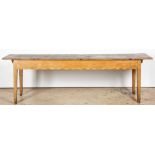 Antique Grain Painted Farm Table. Plank top with pegged runners (pegs missing) over wide apron on