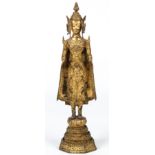 A Thai Gilt Bronze Standing Buddha, 19th century. Size: 20" x 5.5" x 5" (51 x 14 x 13 cm).