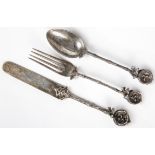 19th C Robbins Clark and Biddle Sterling Table Setting. Knife, spoon and fork in bird nest motif.