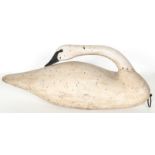 Early 20th C Preening Tundra Swan Confidence Decoy. Carved and painted timber. Size: 15" x 33" x