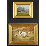 Two Early 20th c. Paintings: 1) American School, Hound Dog, oil on canvas, unsigned. Size: 11" x