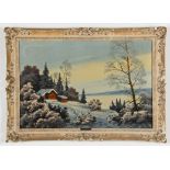 Austrian (Mid 20th c.) Snow Covered Landscape, oil on canvas, in a carved wood frame. Size: 24" x