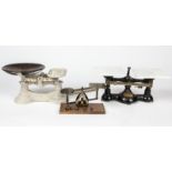 3 Antique Dry Goods Counter Scales. Including a Ohaus scale with milk glass plates. Largest Size: 6"