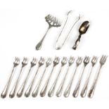 Antique Sterling Silver. Consisting of a set of trident forks, a fish for, tongs, and a baby