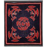 Antique American Hooked Rug in Asian Inspired Design: four red dragon-like forms circling a